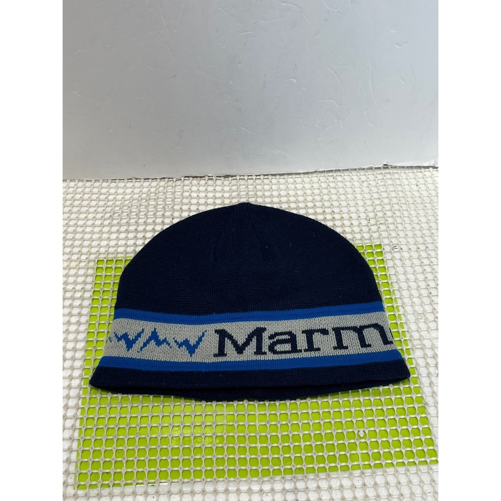 Marmot Navy Blue Wool Blend Fleece Lined Beanie Hat Mountain Logo G1586 OS GOOD